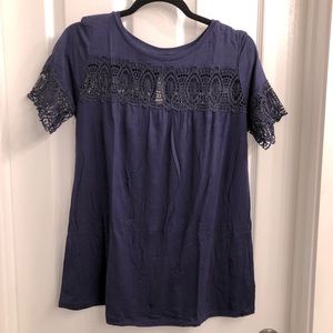 Navy Knit Maternity Ouse with Sheer Embroidery Details